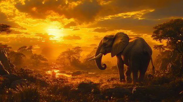 An elephant is standing in the sun at sunset photo