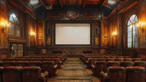 Vintage theatre auditorium interior with blank screen and wooden seats photo