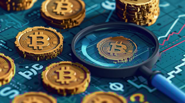 Digital currency analysis magnifying glass on coins and financial data photo