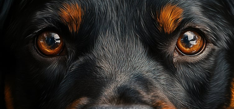 Closeup of a Rottweilers intense amber eyes and black fur. photo