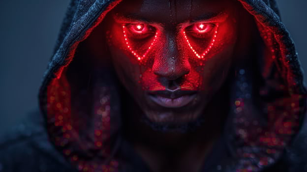 Person with glowing eyes hooded figure cyberpunk aesthetic photo