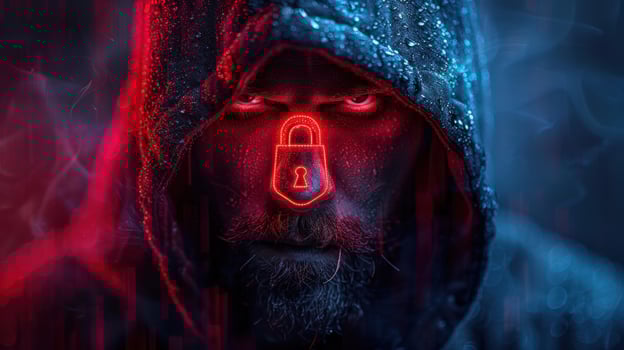 Cybersecurity concept with hooded figure and padlock depicting data protection and security photo