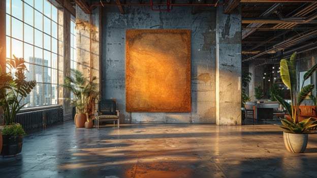 Urban loft interior with sunlight and industrial design elements photo