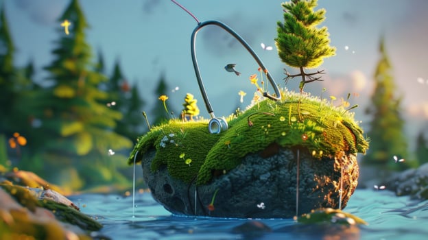 Health and nature harmony stethoscope on floating island with moss grass and flowers photo