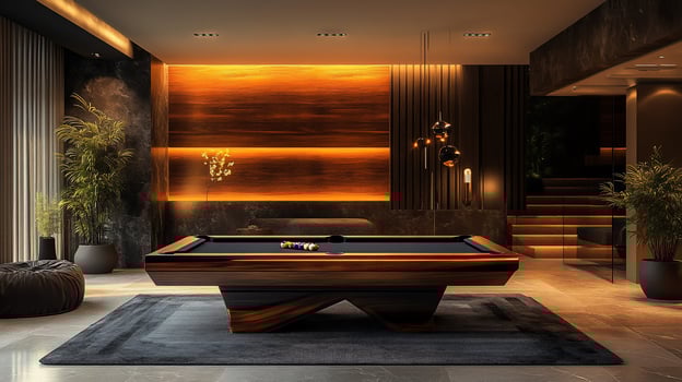 Luxurious game room with pool table, warm lighting, and modern design elements. photo