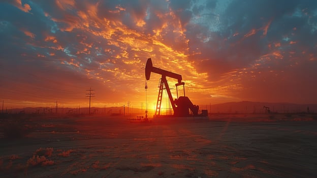 Oil pump jack silhouette at sunset energy production landscape photo