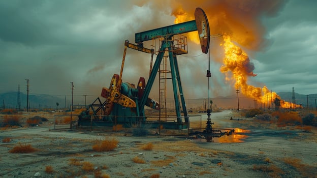 Oil pump jack and distant fires industrial landscape energy extraction photo