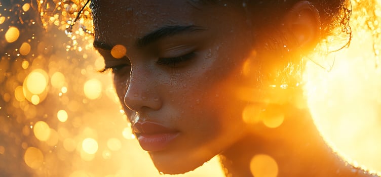 Closeup portrait of a woman with water droplets on her face, backlit by a warm golden light. photo
