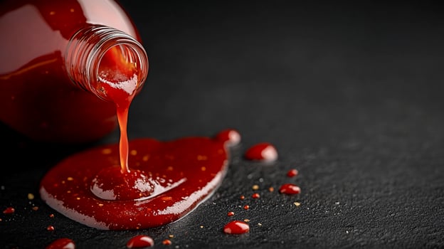 Red sauce pouring from bottle onto dark surface. photo