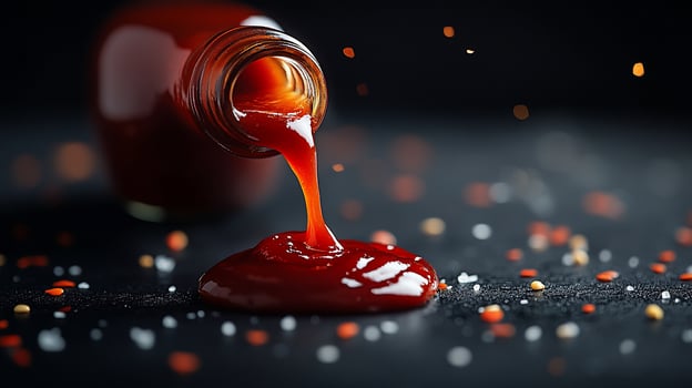 Red sauce pouring from a glass bottle onto a dark surface with spices. photo