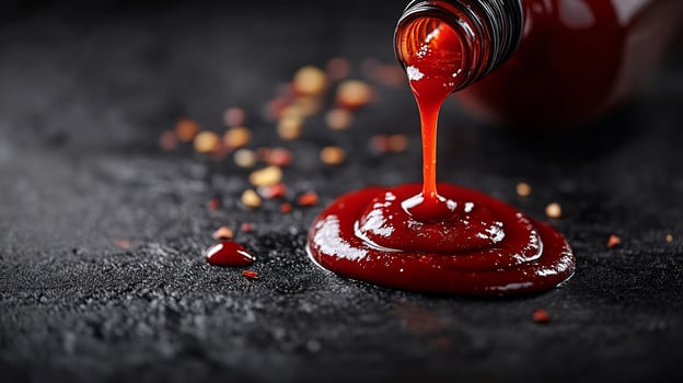 A bottle of ketchup being poured onto a table photo