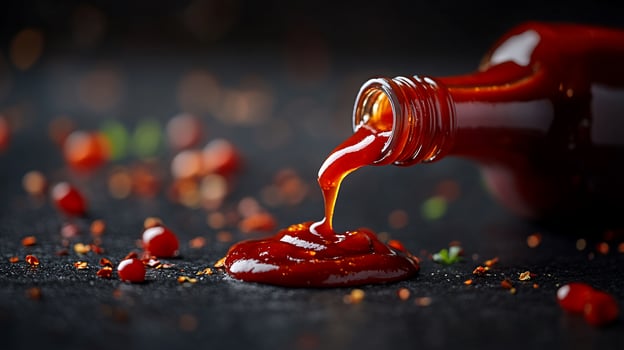 Red sauce pouring from bottle onto dark surface with spices. photo