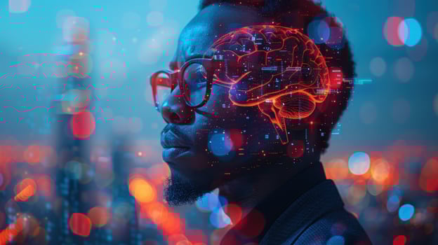 Intelligent brain interface with man and neural technology overlay photo