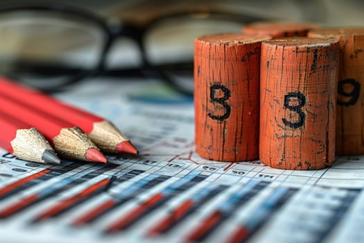 Pencils and numbered blocks on paper representing calculation and precision photo