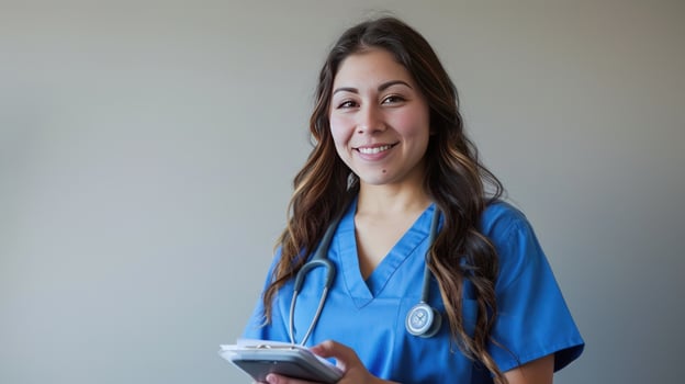 Confident healthcare professional smiling in blue scrubs with stethoscope photo