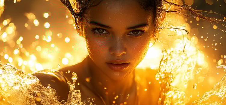 Womans face emerges from splashing water, lit by golden light. photo