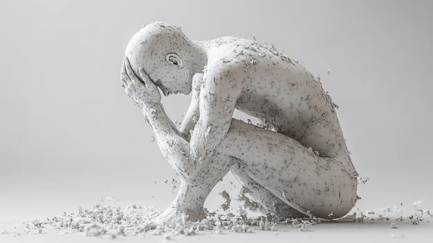 Decomposing statue of a person in a fetal position, symbolizing sadness, loss, or despair. photo