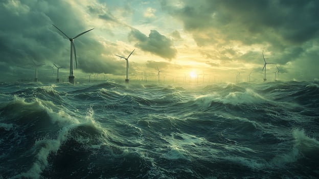 Dramatic sunset over stormy sea with offshore wind turbines. photo
