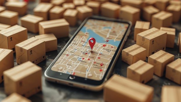 Package tracking app on mobile phone surrounded by shipping boxes for delivery logistics photo