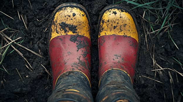 Mudcaked boots on dark soil. photo