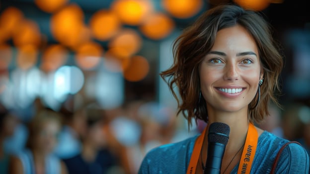 Confident woman with microphone presenting at conference or event photo