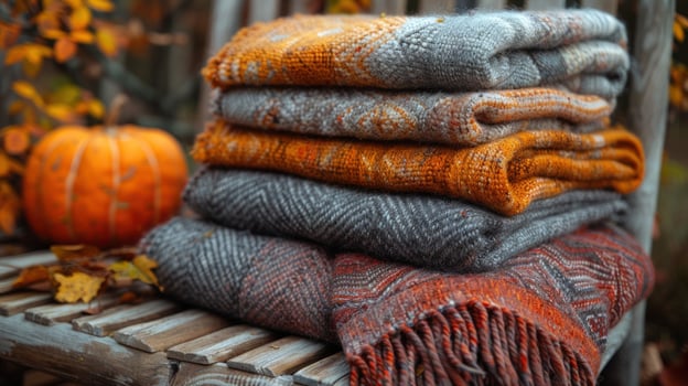 Autumnal coziness stack of woven blankets on wooden bench with pumpkin and fall leaves photo