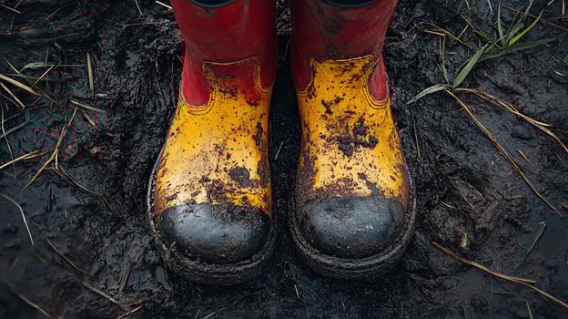 Mudcaked red and yellow rain boots in muddy ground. photo