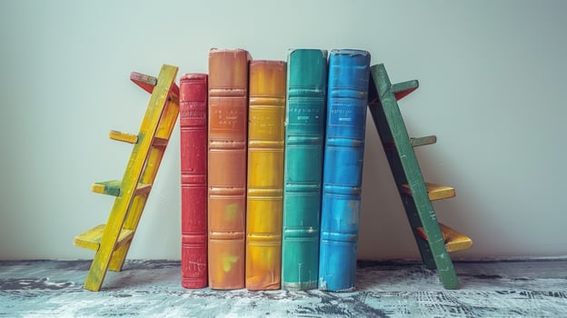 Stack of colorful books with miniature ladders as bookends indoor still life photo