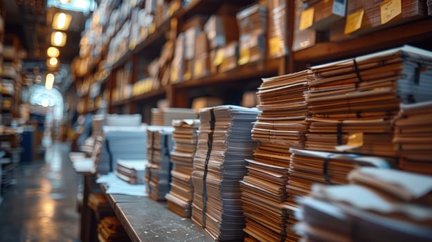 Stacks of paper on shelf paperwork and organized documents photo