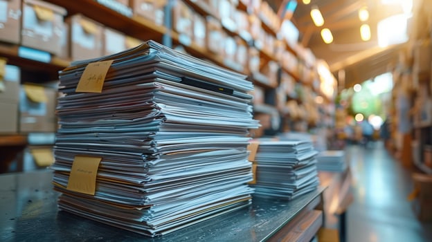 Stacks of paper documents in office storage room photo