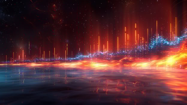 Abstract digital landscape glowing vertical lines and waves of light background photo