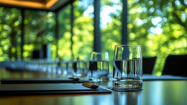 Empty conference room with glasses of water on table near window. photo