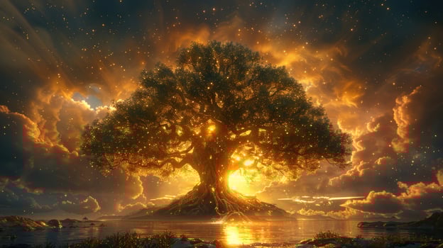 Dramatic tree of light landscape against cloudy sky photo