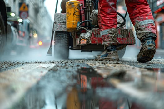 Road repair machine and construction worker in urban setting photo