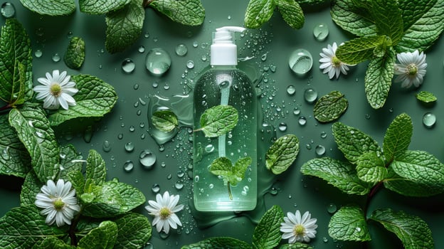 Mint leaves water droplets and daisy flowers arranged around a bottle of clear liquid photo