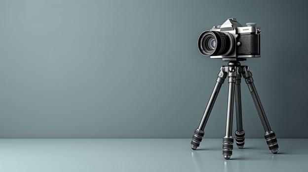 Vintage camera on tripod for photography and studio equipment photo