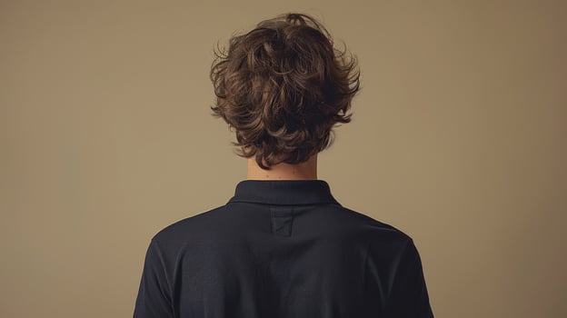 Person back view with short curly hair and polo shirt against neutral backdrop photo
