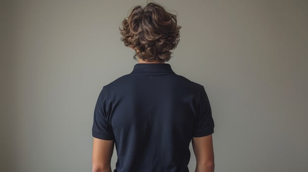 Person with curly hair wearing polo shirt standing with back to camera photo
