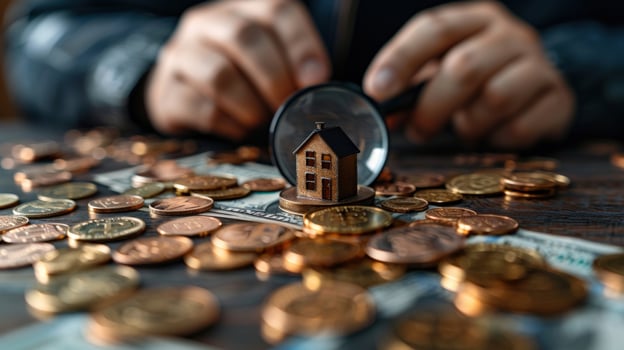 Real estate investment analysis with magnifying glass and miniature house photo