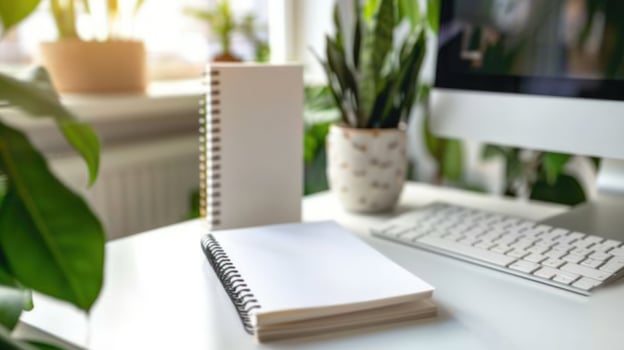 Bright workplace desk with computer and plants for business and productivity photo