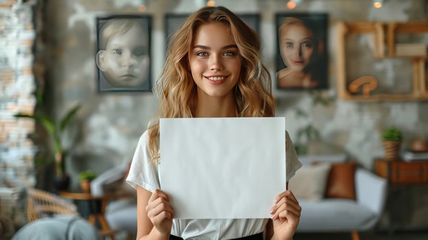 Smiling woman holding blank white paper sheet for message or advertising photo
