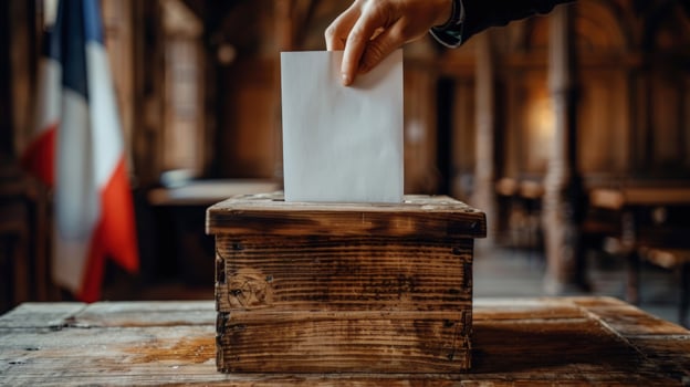 Voting process with ballot box and hand depositing vote photo