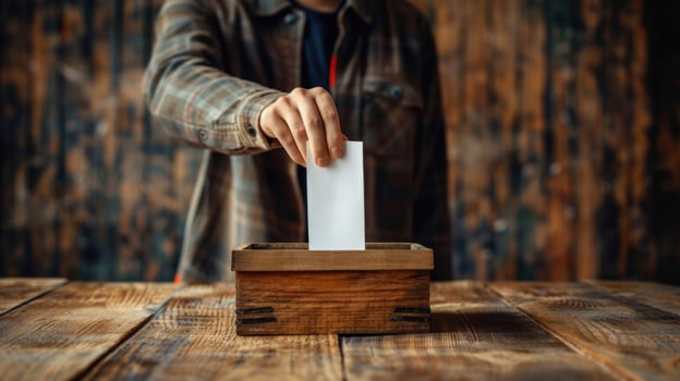 Hand inserts card into voting box concept photo