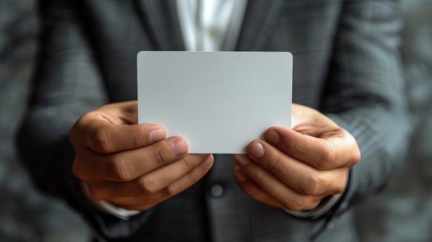 Person presenting blank white card for business information or advertisement photo