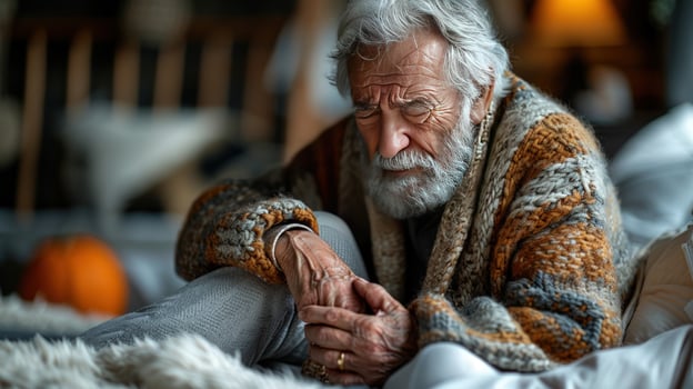 Pensive elderly man portrait with warm sweater and soft lighting photo