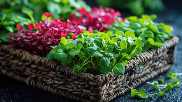 Fresh microgreens in basket variety of leafy greens healthy eating concept photo