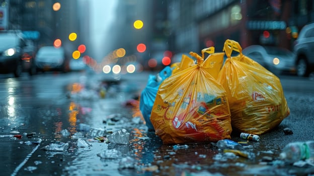 Urban waste management garbage bags litter on city street photo