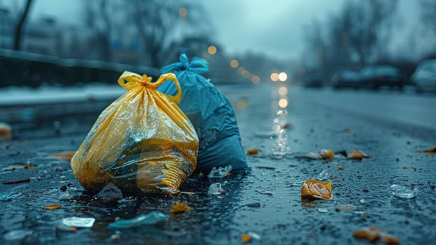 Refuse sacks on urban street waste disposal and environmental concerns photo