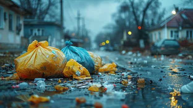 Urban waste and pollution discarded refuse bags and litter on city street photo