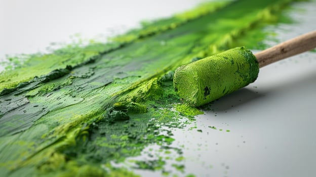 Shades of green paint stripe spread with sponge brush on textured white surface photo